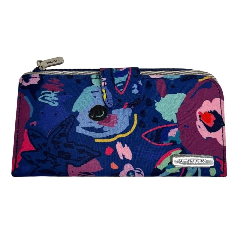 NWOT Travelon RFID Single Zip Wallet Floral Striped Navy Blue Pink Red Thin READ